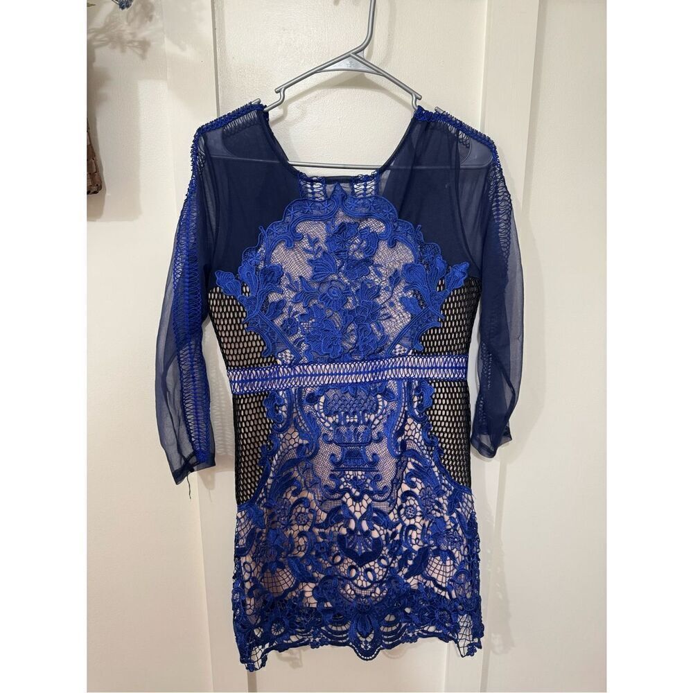 Royal Blue Lace Applique Long Sleeve Sheath Dress